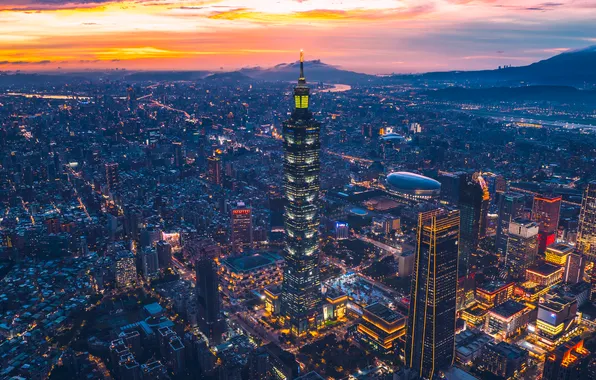 Картинка city, lights, sunset, Taiwan, Taipei, Taipei 101, skyscapers