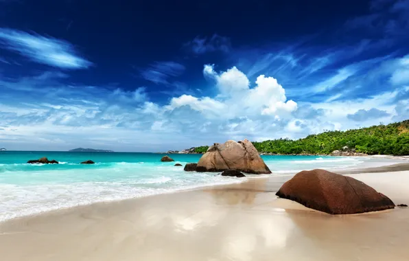 Картинка песок, море, пляж, солнце, тропики, камни, океан, берег