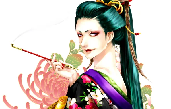 Картинка девушка, цветы, дым, трубка, перья, арт, белый фон, кимоно