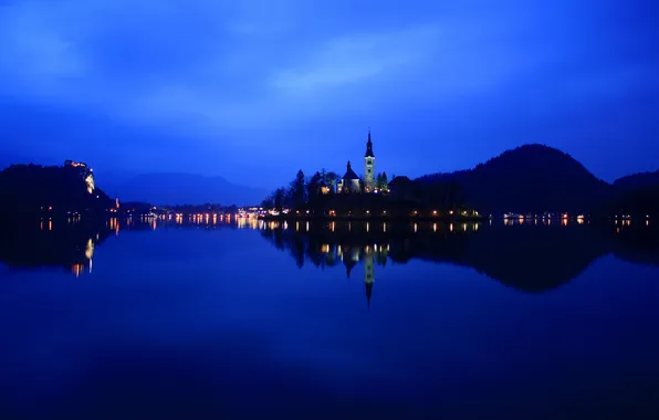 Ночь, огни, озеро, Словения, reflection, Lake Bled, Slovenia