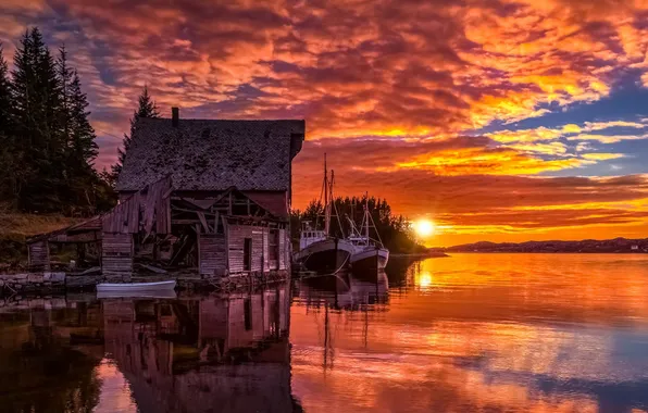 Картинка закат, озеро, корабли