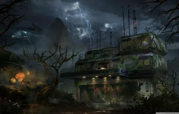 Скала, молния, сооружение, Call of Duty, лаборатория