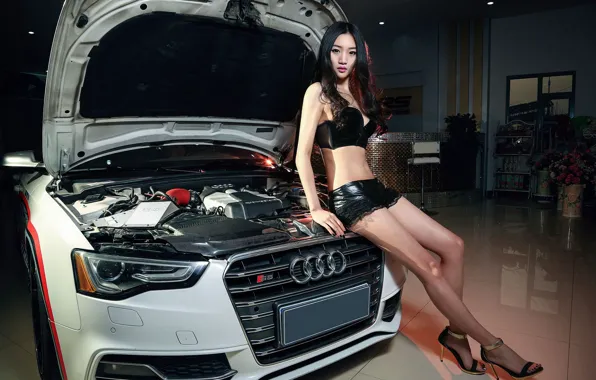Взгляд, Audi, азиатка, Эротика, красивая девушка, позирует, открытый капот, белый авто