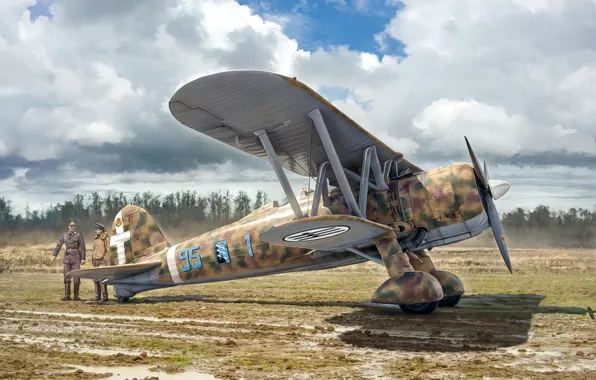 Картинка war, art, airplane, aviation, ww2, FIAT CR.42