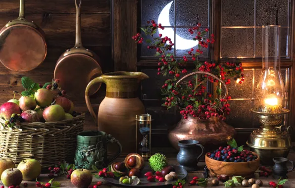 Картинка ягоды, яблоки, лампа, натюрморт, каштаны