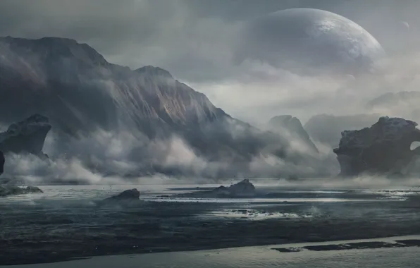 Горы, берег, залив, planet