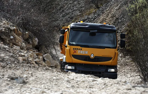 Картинка оранжевый, камни, грузовик, Renault, грунт, самосвал, 8x4, четырёхосный