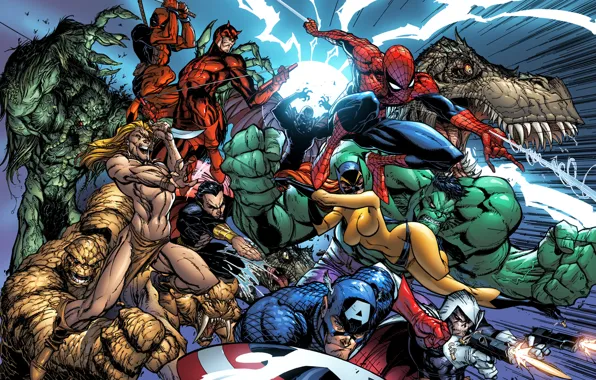 Картинка Deadpool, Daredevil, hulk, Marvel Comics, Spider-Man, Peter Parker, Wade Wilson, fantastic four