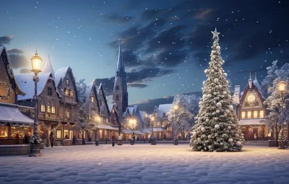 Картинка зима, снег, украшения, ночь, город, lights, улица, елка