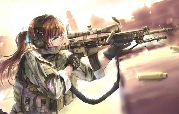 Картинка девушка, оружие, аниме, наушники, арт, солдат, пули, tc1995