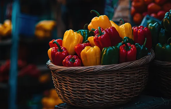 Желтый, красный, зеленый, темный фон, корзина, урожай, перец, корзинка
