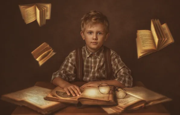 Взгляд, полет, стиль, ретро, стол, фон, стена, книги