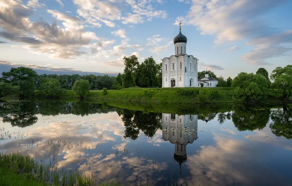Лето, облака, отражение, вечер, церковь, Боголюбово, Сергей Серушкин, храм Покрова