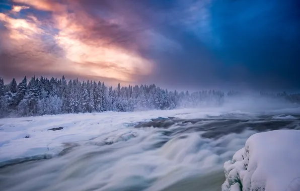 Картинка зима, лес, небо, снег, река, Швеция, Sweden, пороги