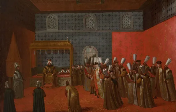 Масло, картина, холст, 1737, Жан Батист Ван Мур, Jean Baptiste Vanmour, Посол на аудиенции у …