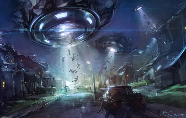 Fantasy, road, cars, night, science fiction, spaceship, people, houses