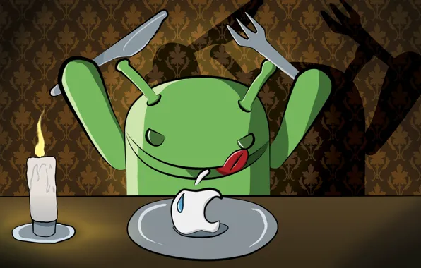 Apple, свеча, арт, тарелка, нож, вилка, android, ужин