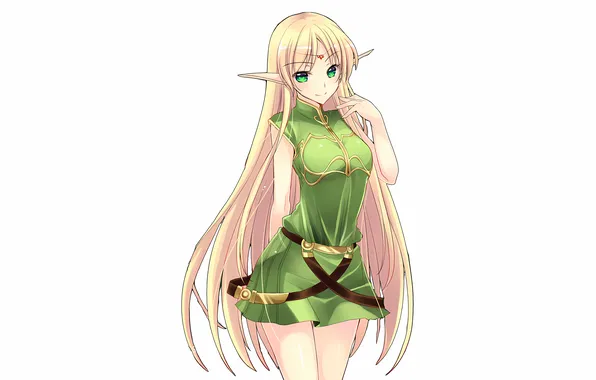 Girl, green eyes, long hair, dress, anime, beautiful, pretty, elf