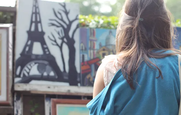 Картинка девушка, дерево, волосы, рисунок, эйфелева башня, заколка