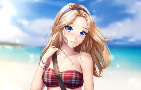 Girl, sexy, cleavage, beach, long hair, sea, boobs, anime