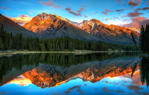 Лес, пейзаж, закат, горы, озеро, отражение, Banff National Park, Alberta