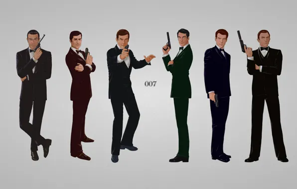 Надпись, пистолеты, серый фон, Джеймс Бонд, Daniel Craig, костюмы, Sean Connery, агент 007