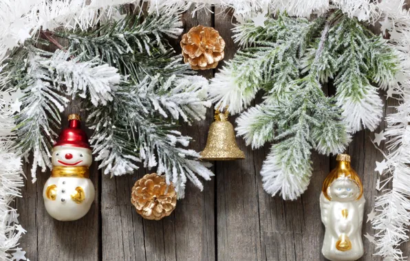 Картинка украшения, ветки, игрушки, елка, ангел, Новый Год, Рождество, снеговик