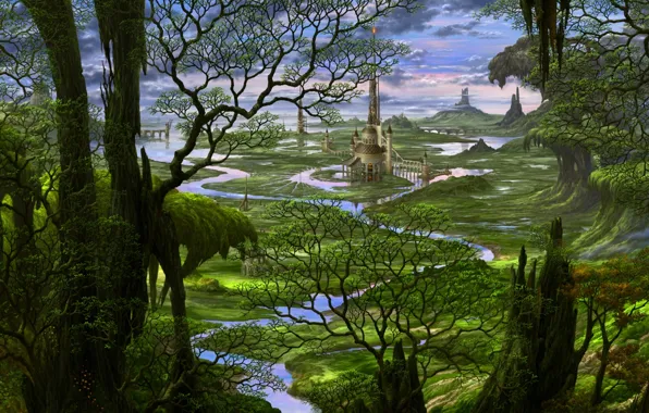 Картинка лес, деревья, река, замок, сказка, Япония, фэнтези, арт