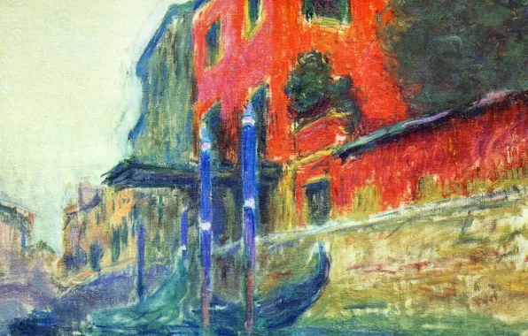 Картинка город, лодка, картина, Венеция, гондола, Клод Моне, Красный Дом