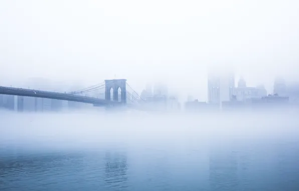 Мост, city, город, туман, Нью-Йорк, Бруклин, USA, США
