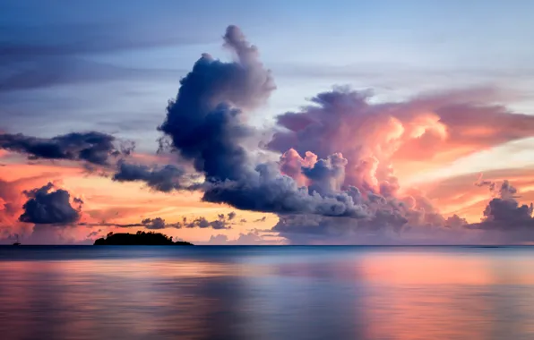 Картинка sea, sunset, clouds, island, yacht