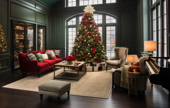 Картинка украшения, дом, комната, шары, елка, интерьер, Новый Год, Рождество