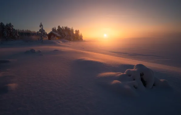 Картинка зима, закат, туман, дом, Норвегия