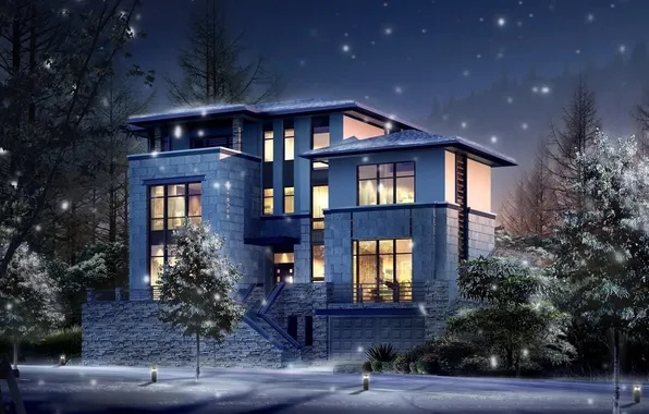 Зима, снег, деревья, дом, вечер, освещение, фонари, house