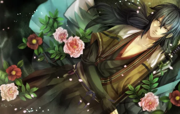 Картинка цветы, меч, катана, лепестки, парень, hakuouki