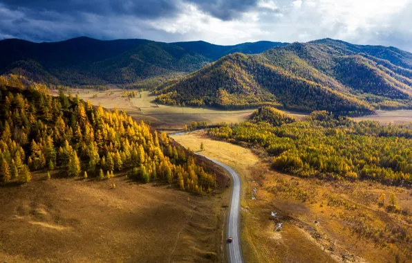 Дорога, осень, пейзаж, горы, природа, леса, Чуйский тракт, Юрий Столыпин