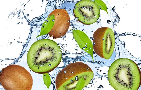 Картинка вода, капли, брызги, свежесть, green, киви, фрукт, зелёный