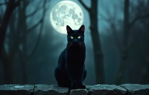 Лес, кошка, кот, взгляд, ночь, поза, луна, черный
