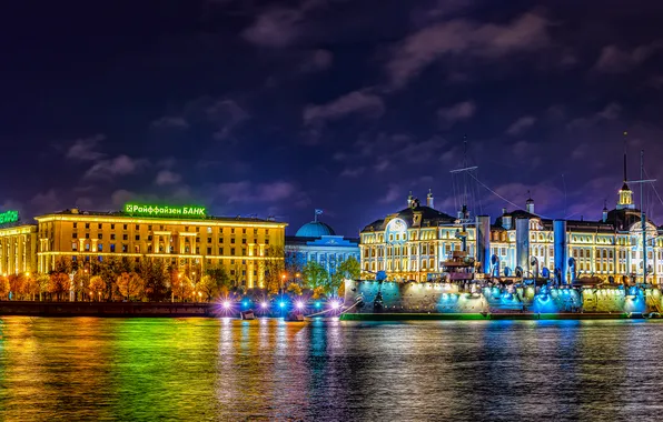 Река, здания, Санкт-Петербург, Аврора, Россия, ночной город, Петроградская набережная, Нахимовское военно-морское училище