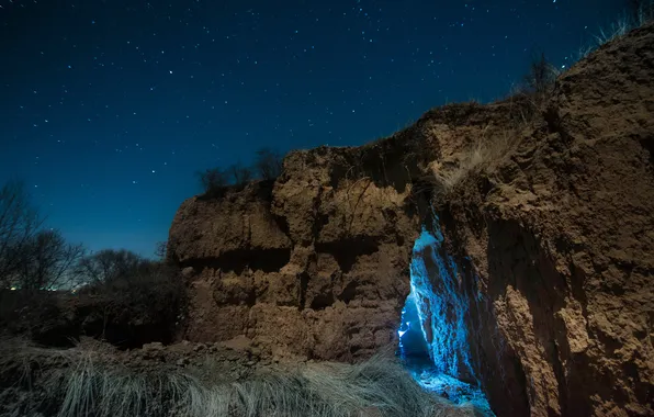 Небо, звезды, свет, горы, ночь, скала, синева, подсветка