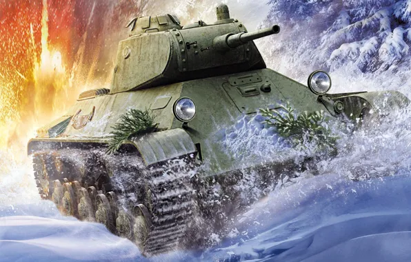 Зима, снег, рисунок, арт, Т-50, советский лёгкий танк