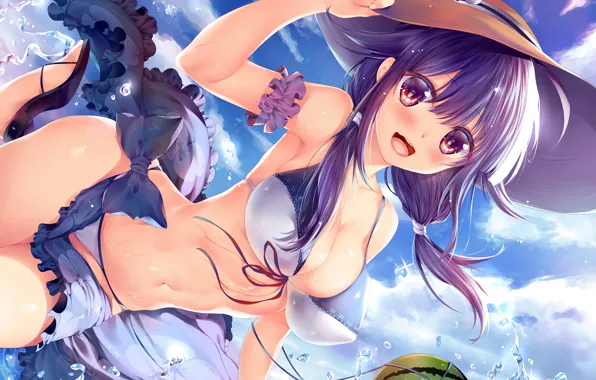 Girl, sexy, wet, cleavage, beach, sky, long hair, hat