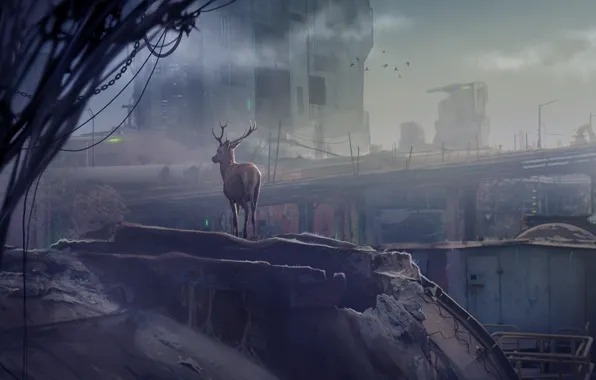 Олень, цепь, dawn, the clash between nature Vs industrialization, 4th World