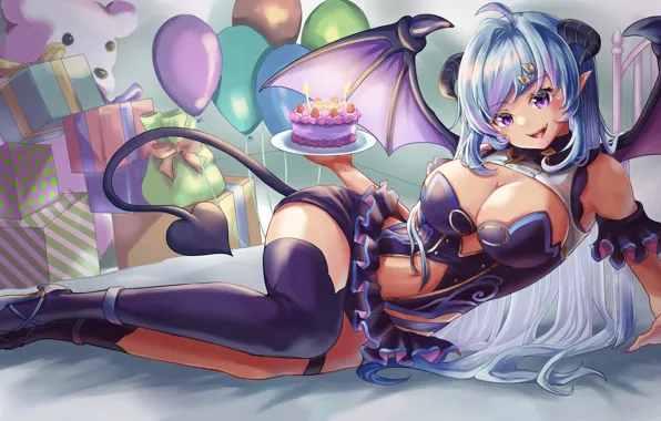 Girl, sexy, cleavage, thighhighs, horns, long hair, legs, boobs