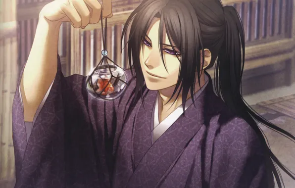 Рука, рыбка, парень, кимоно, длинные волосы, art, Демоны бледной сакуры, Hakuouki Shinsengumi Kitan