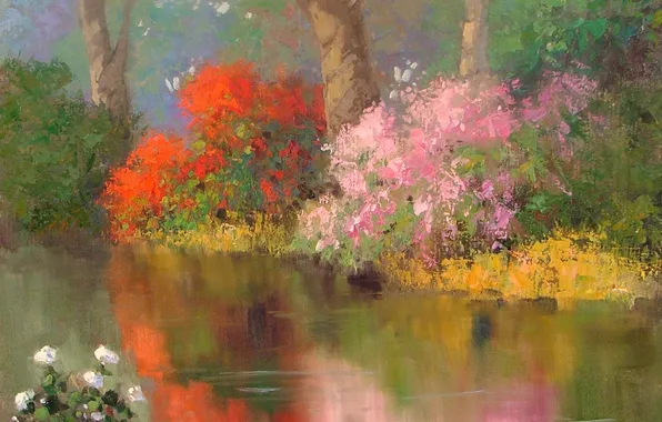 Картинка цветы, природа, гладь, отражение, река, арт, кусты
