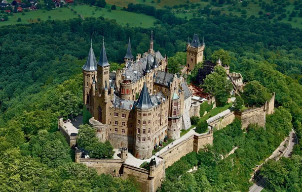 Деревья, замок, Германия, Гогенцоллерн, Burg Hohenzollern