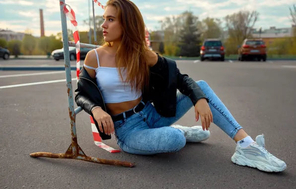 Картинка girl, model, jeans, jacket, sneakers
