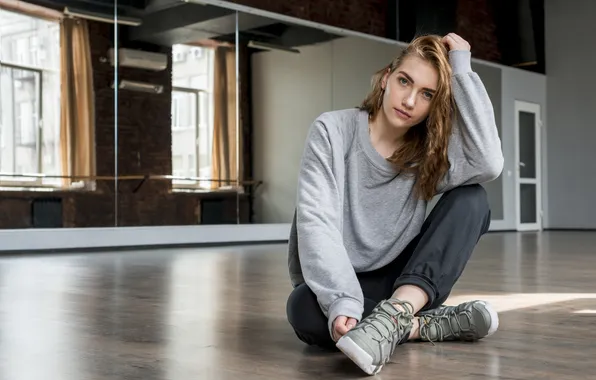 Woman, young, blonde, floor, sitting, portrait, hardwood