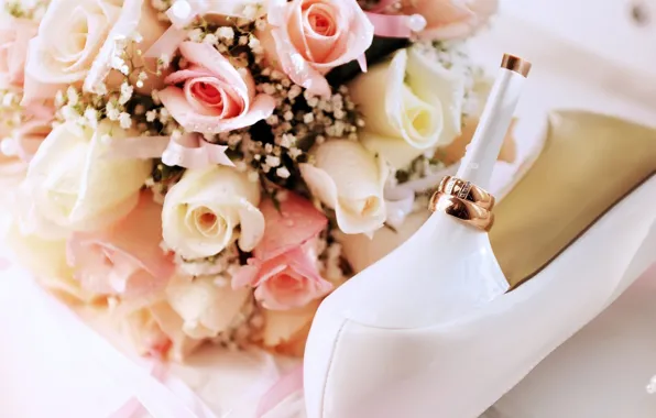 Картинка цветы, праздник, обувь, кольца, кольцо, туфли, каблук, свадьба